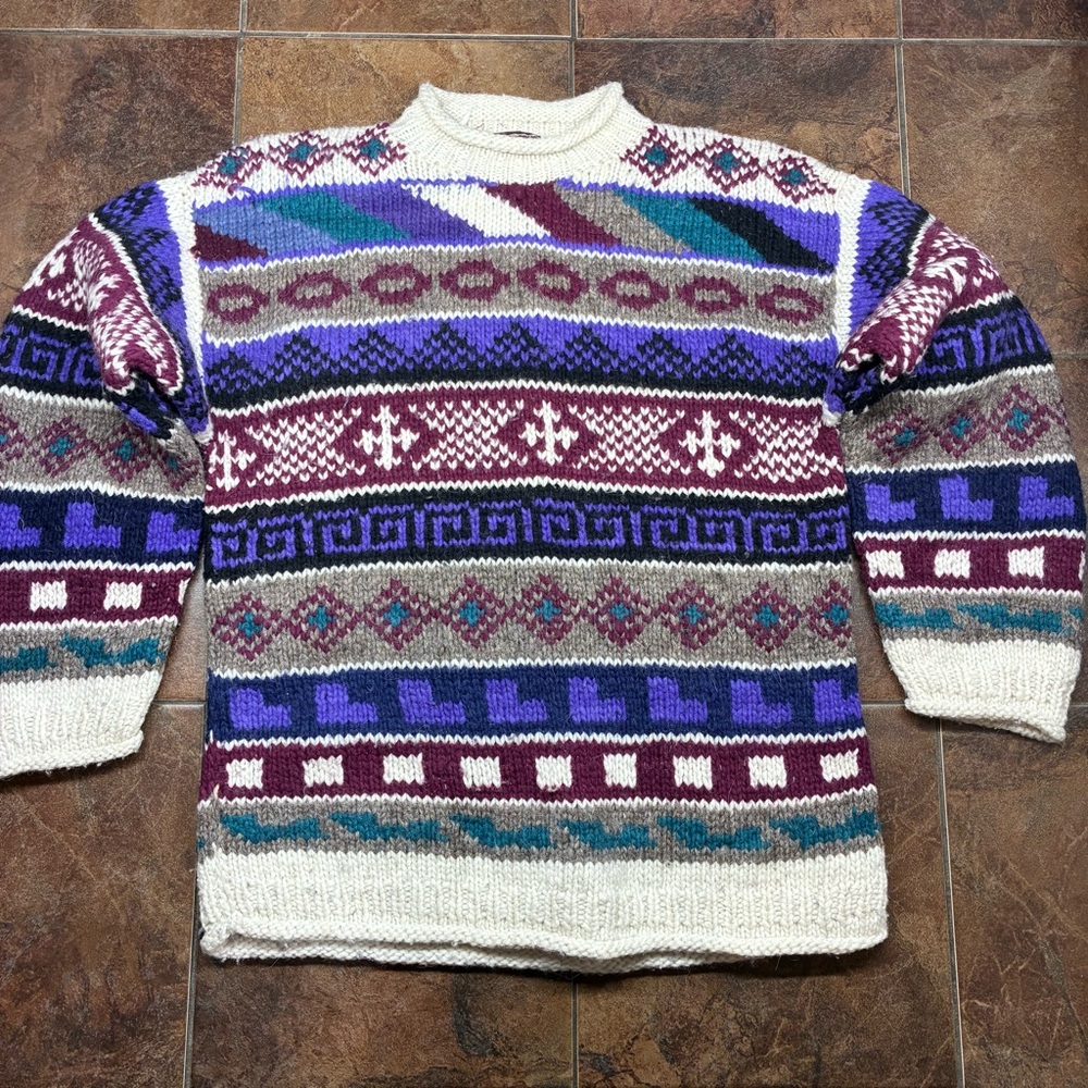 Heavy Wool Vintage Hand Made Geometric Crewneck Sweater